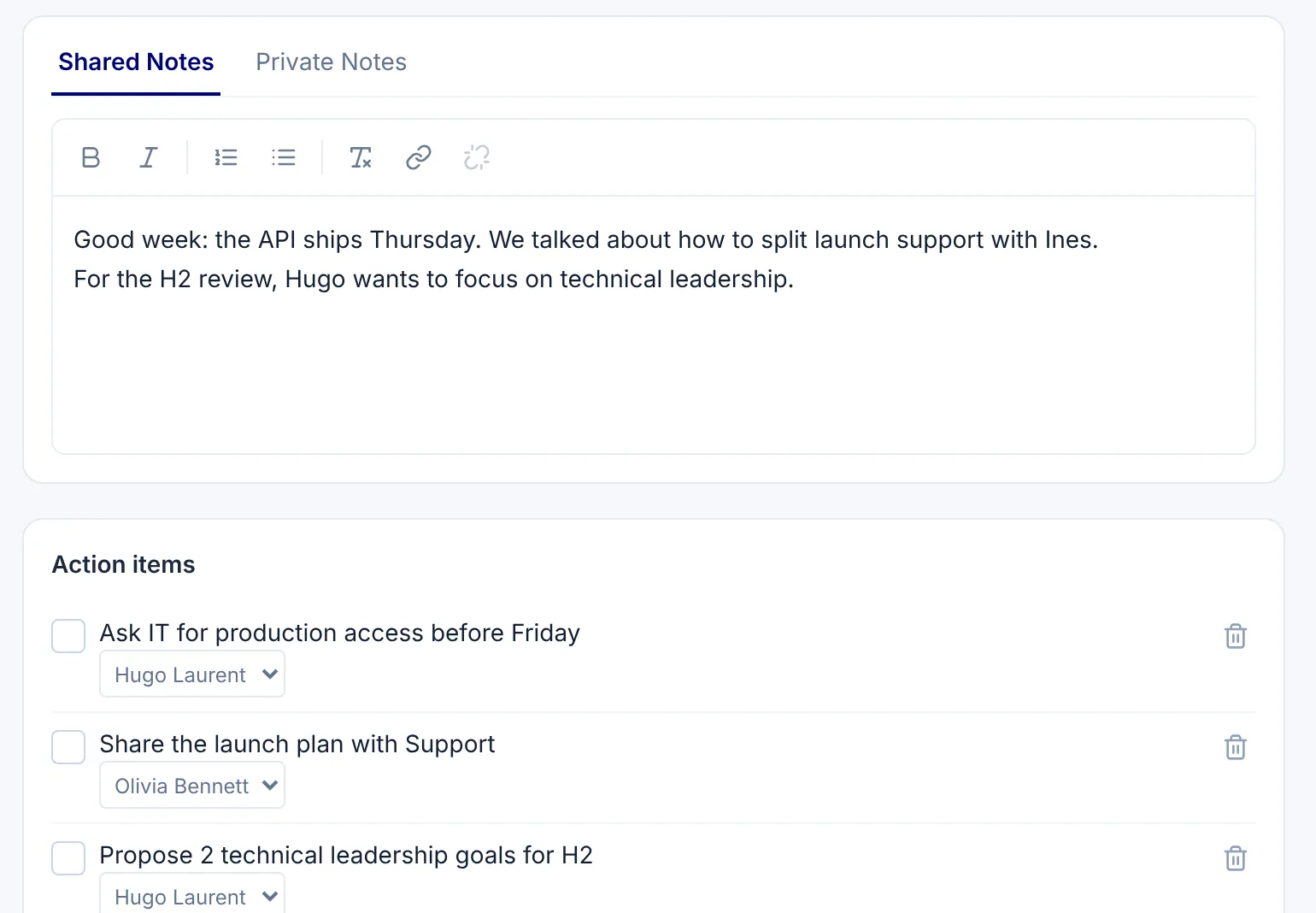 Shared notes and action items assigned at the end of a 1:1 in Nailted