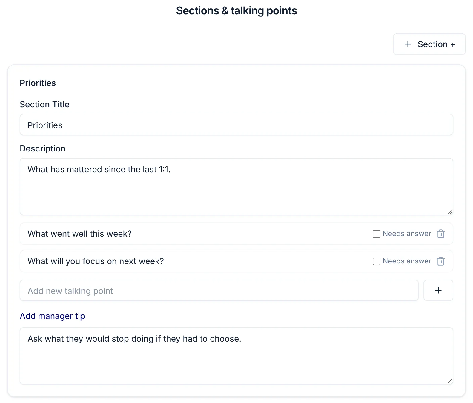 1:1 template editor in Nailted: sections, talking points and tips for managers