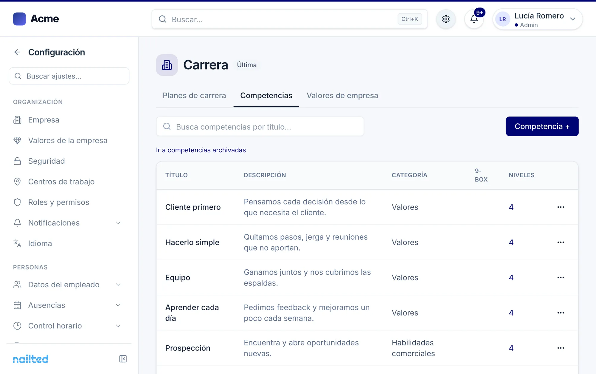 Planes de carrera en Nailted: competencias con sus niveles y la matriz del plan de Sales por posición