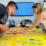 Dos empleados de colppy trabajando en una dinámica de canva con postit