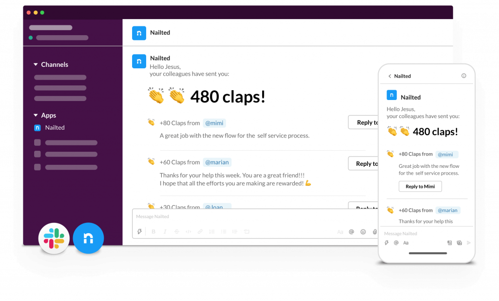 Claps feature screenshot from the employee engagement software Nailted