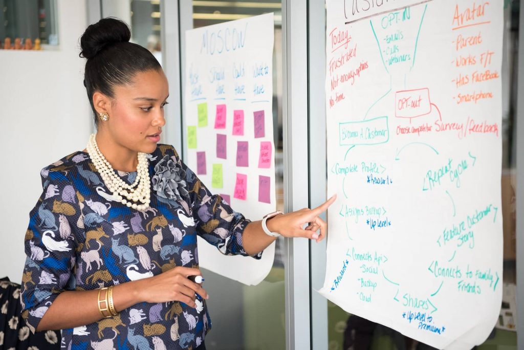 A woman working on a career development plan on a board