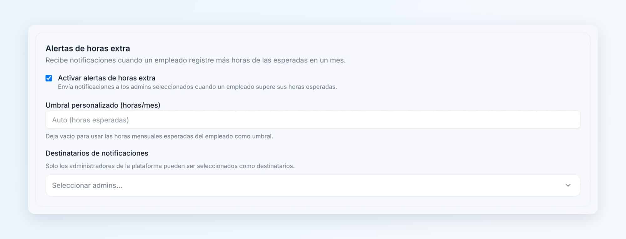 Configuración de alertas de horas extra en el control horario de Nailted