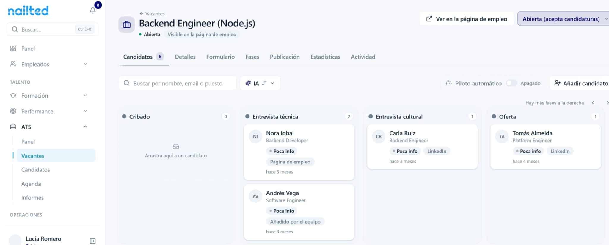 Pipeline de una vacante en el software de selección de Nailted
