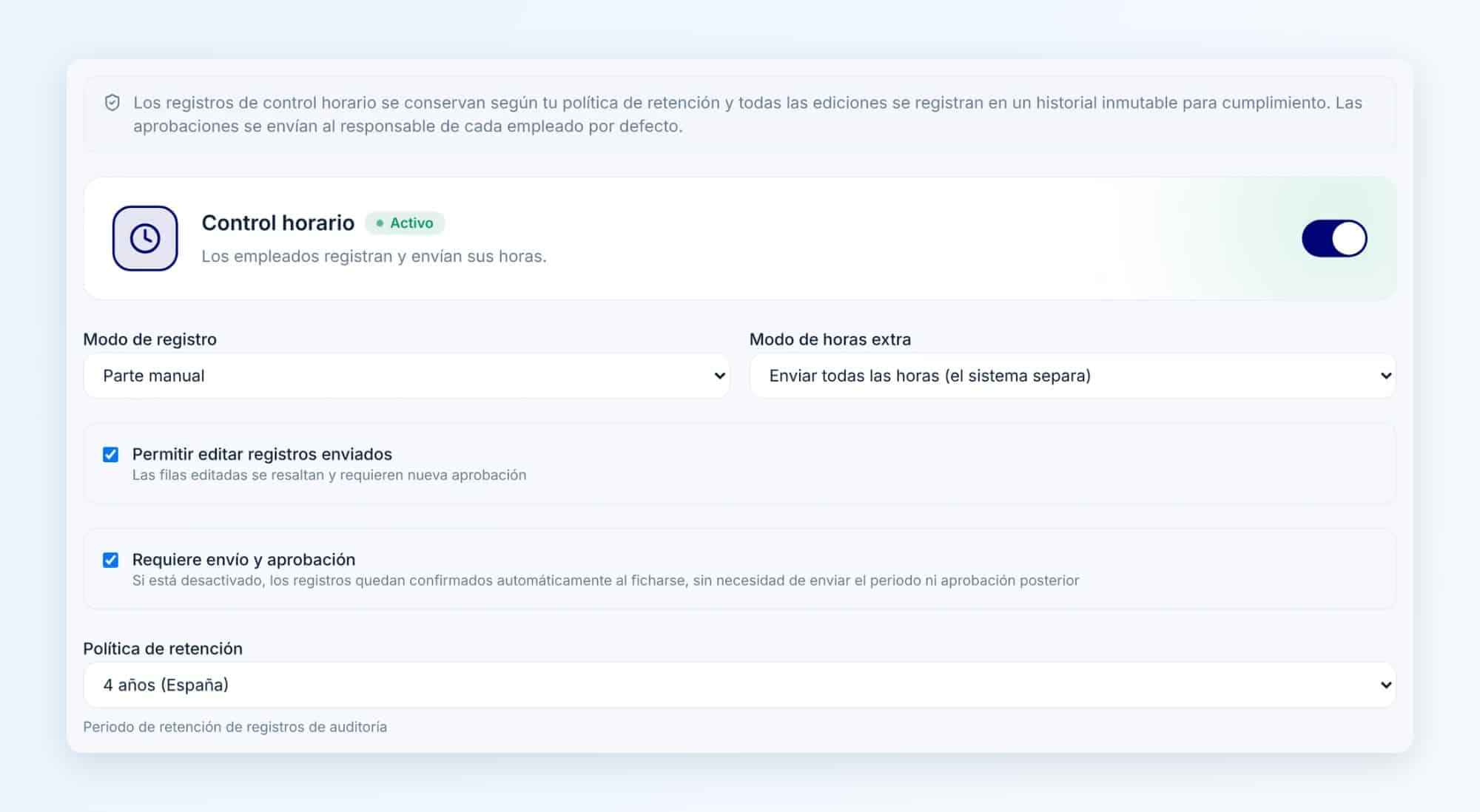 Configuración del registro de jornada en Nailted con edición con aprobación y retención de 4 años