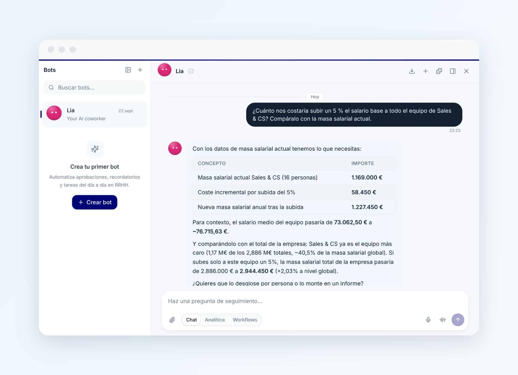 Lia, el copiloto de RRHH de Nailted, respondiendo con datos de la empresa