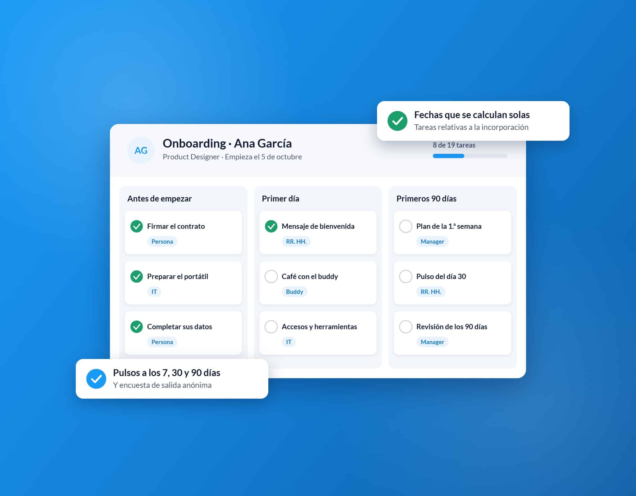 Proceso de onboarding por fases con tareas por responsable