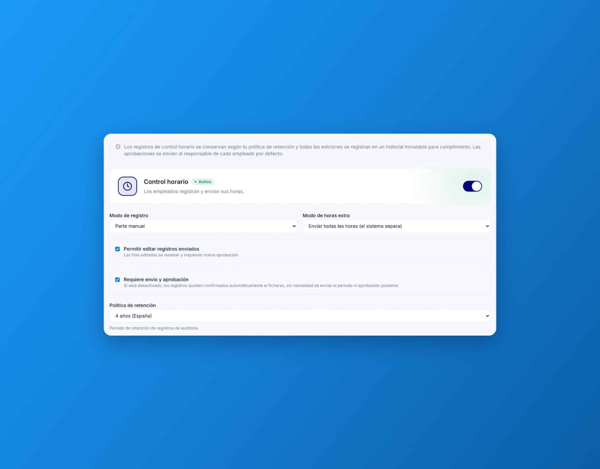 Configuración del registro de jornada en Nailted con aprobación de ediciones y retención de 4 años